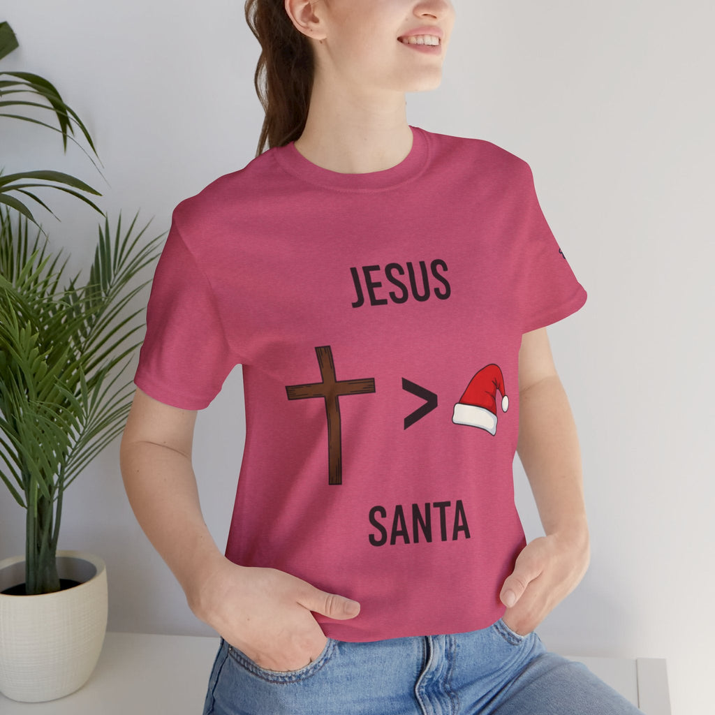 🎄 Jesus > Santa – Minimalist Christian Christmas T-Shirt | Bold Faith Over Holiday Tee | Cross vs Santa Hat Design | Uplifted Gear Printify
