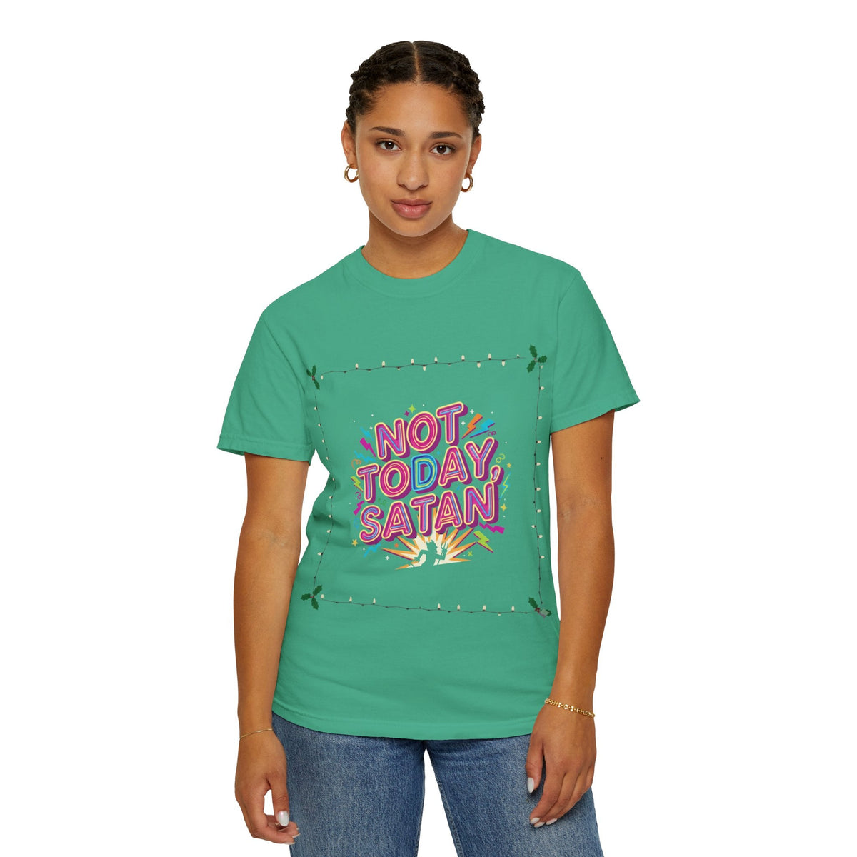 🔥 Not Today, Satan – Retro 90s Christian T-Shirt | Neon Faith Tee | Funky Cartoon Devil | Bold Bible Verse Shirt | Uplifted Gear Printify