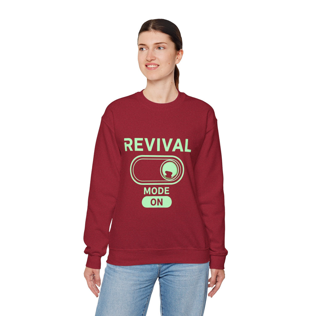 🔥 Revival Mode: ON – Christian Techwear Sweatshirt | Glowing Green Faith Switch | Futuristic Jesus Shirt | Activate Your Spiritual Awakening | Uplifted Gear Printify