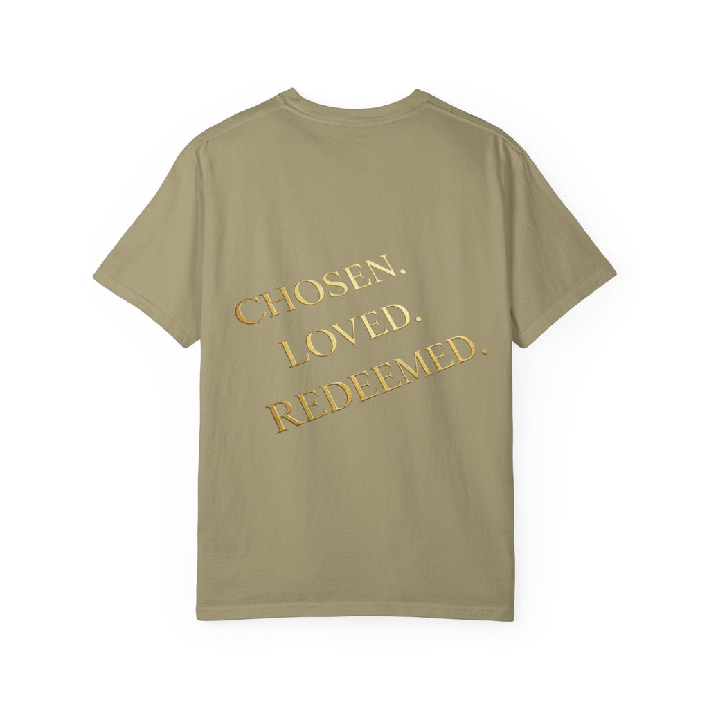 ✨ Chosen. Loved. Redeemed. – Elegant Christian T-Shirt | Gold Foil Faith Tee | Subtle Cross & Heart Design | Inspirational Bible Verse Apparel by Uplifted Gear Printify