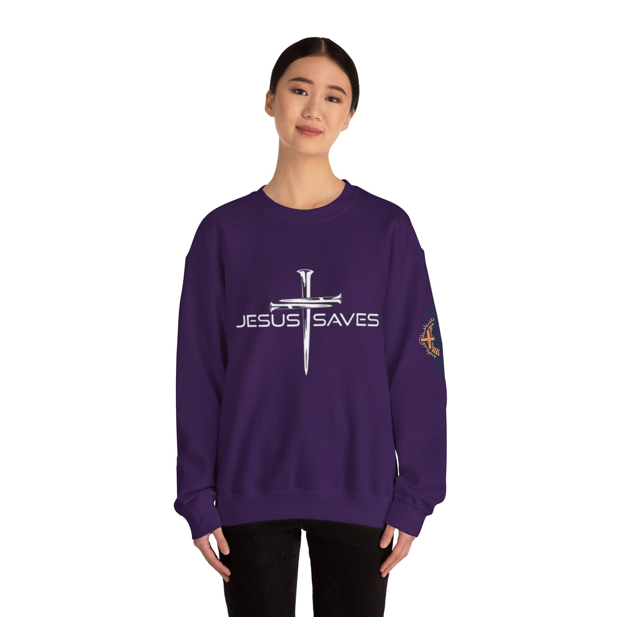 Jesus Saves Sweatshirt – 3 Nails Crucifix Cross Christian Sweatshirt for Redemption Faith & Bold Salvation Printify