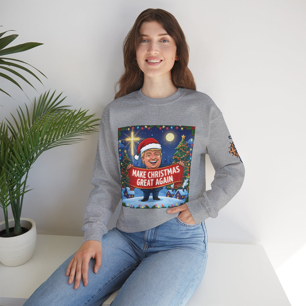 🎄 Make Christmas Great Again – Patriotic Christian Christmas Sweatshirt | Bold Holiday Faith Tee | Red & White Banner Design | Uplifted Gear Printify