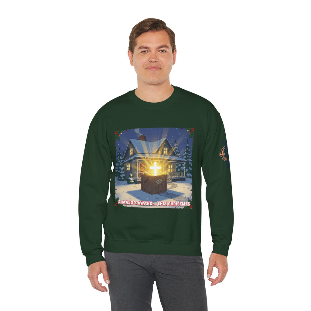 A Major Award This Christmas Sweatshirt – Fragile Leg Lamp Parody Cross Unboxing Christian Sweatshirt for Hilarious Faith & Holiday Glow Printify