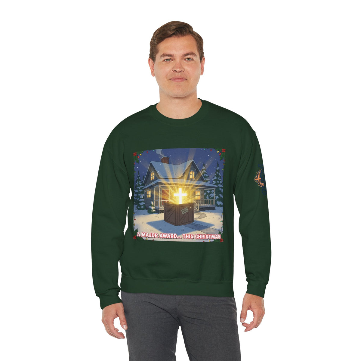 A Major Award This Christmas Sweatshirt – Fragile Leg Lamp Parody Cross Unboxing Christian Sweatshirt for Hilarious Faith & Holiday Glow Printify