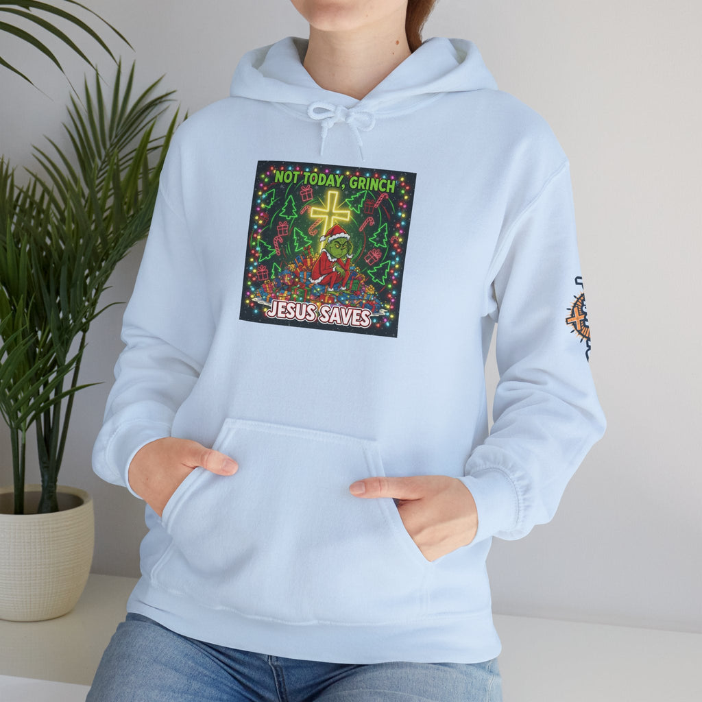 🎄 Not Today, Grinch – Jesus Saves | Funny Christian Christmas Hoodie | Festive Green & Red Cartoon Style | Bold Faith Holiday Tee by Uplifted Gear Printify