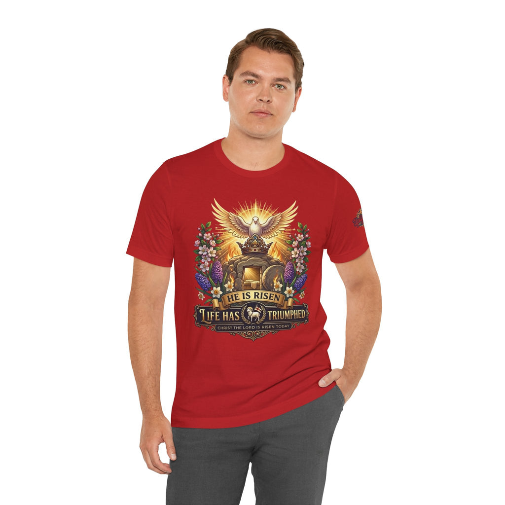 He Is Risen "Life Has Triumphed" T-Shirt — Easter Resurrection Christian Tee Printify