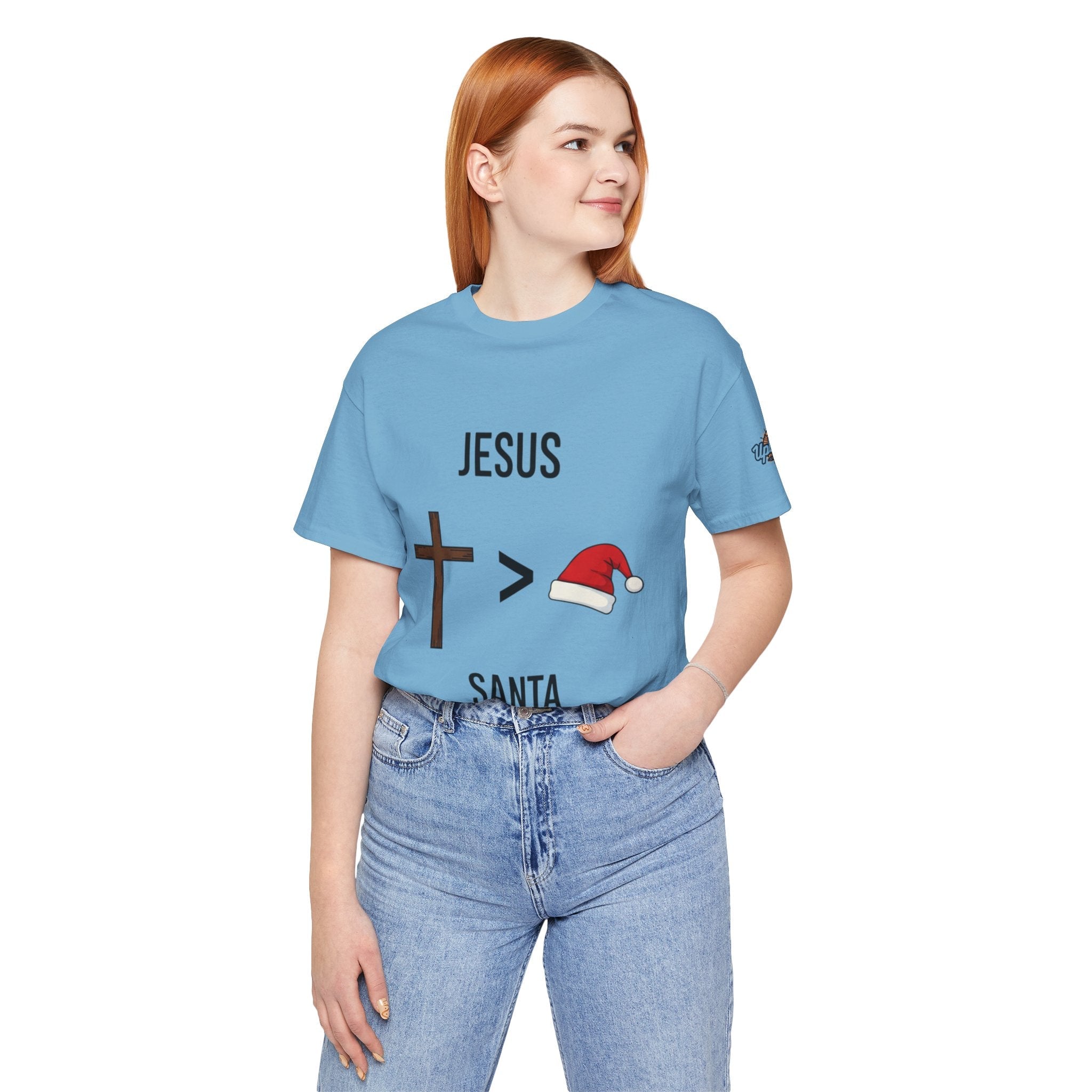 🎄 Jesus > Santa – Minimalist Christian Christmas T-Shirt | Bold Faith Over Holiday Tee | Cross vs Santa Hat Design | Uplifted Gear Printify