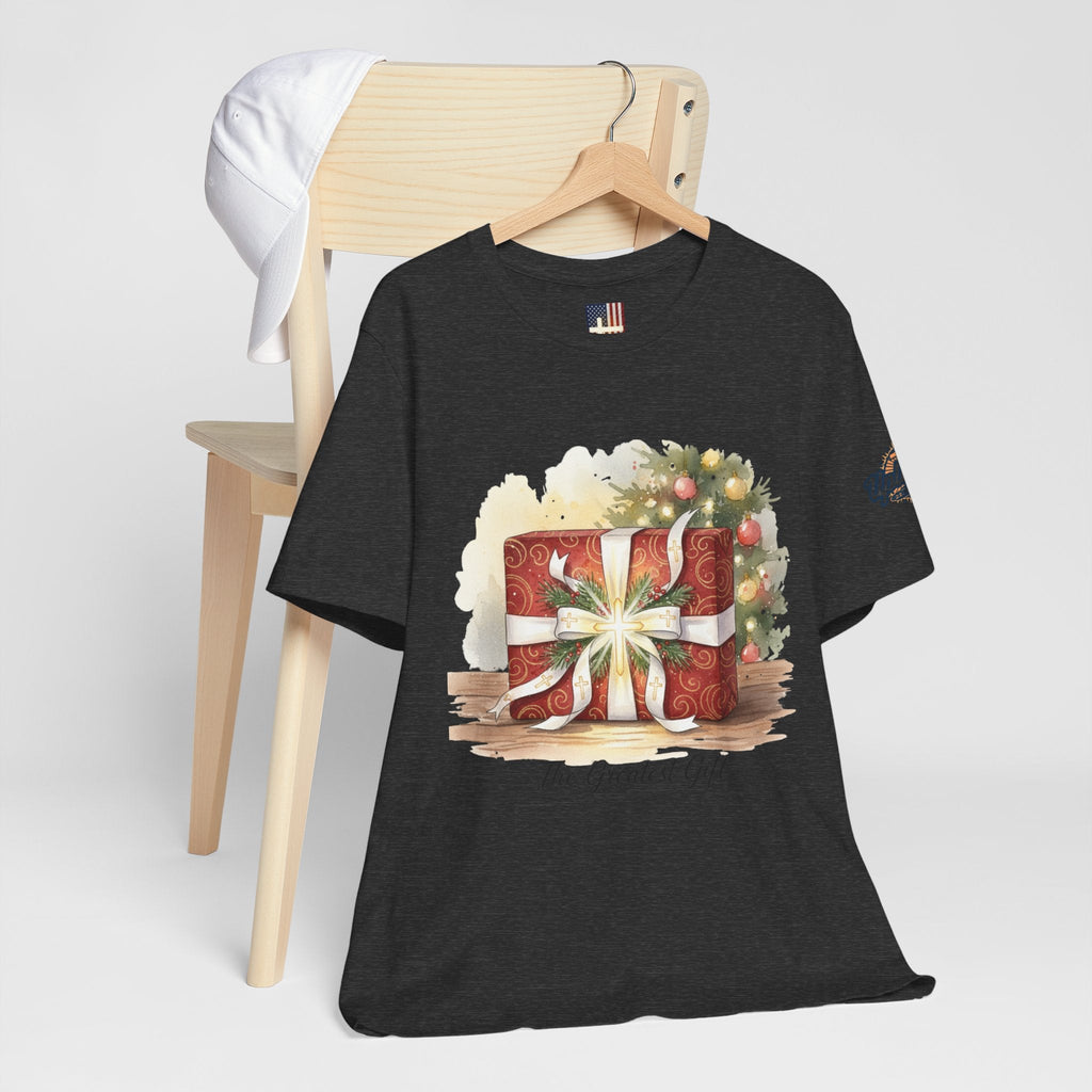 The Greatest Gift T-shirt – Cross Bow Present Christian T-shirt for Christmas Salvation & Eternal Faith Printify