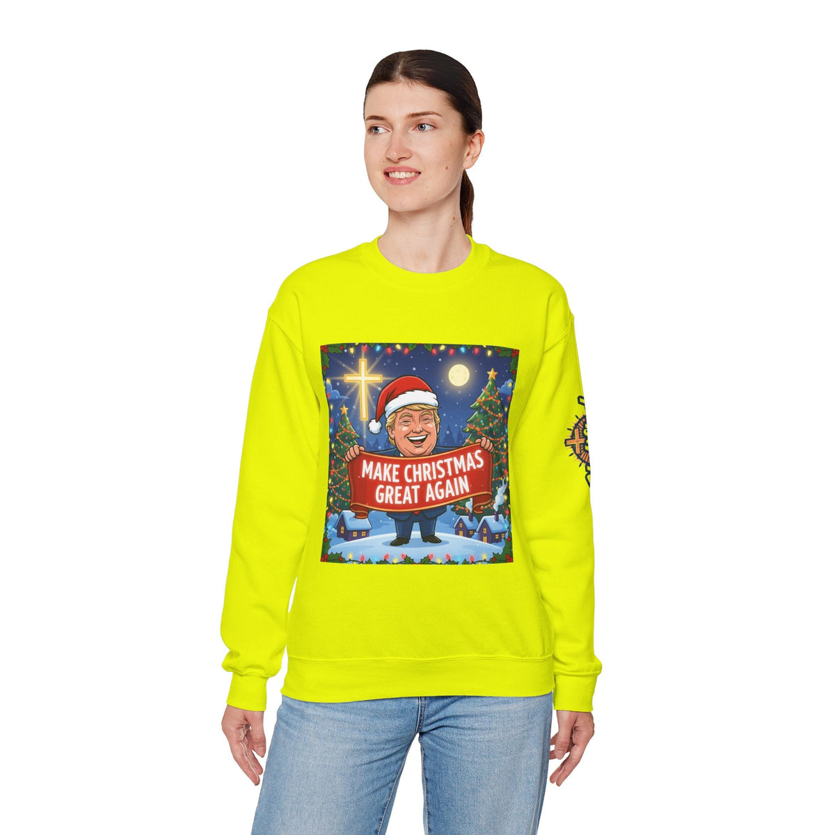 🎄 Make Christmas Great Again – Patriotic Christian Christmas Sweatshirt | Bold Holiday Faith Tee | Red & White Banner Design | Uplifted Gear Printify