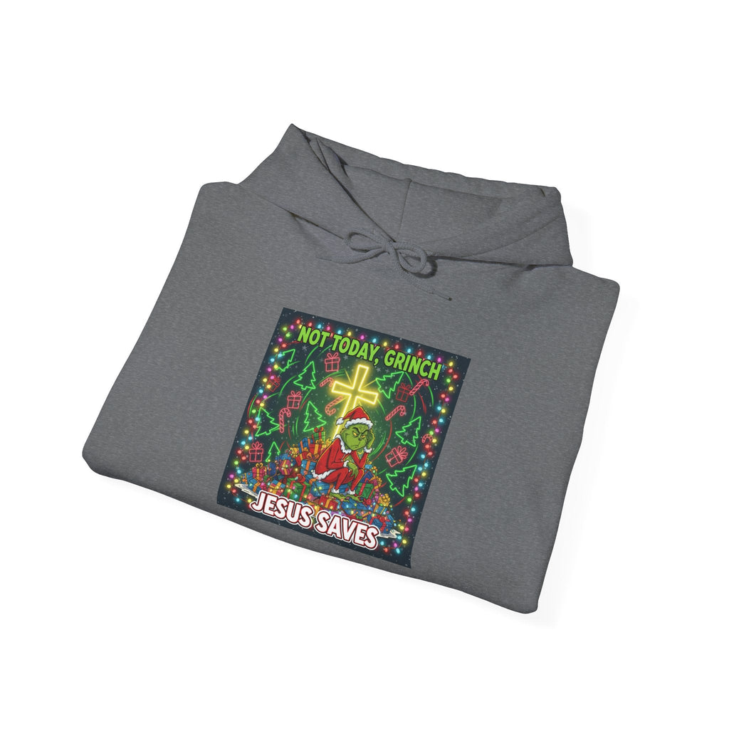 🎄 Not Today, Grinch – Jesus Saves | Funny Christian Christmas Hoodie | Festive Green & Red Cartoon Style | Bold Faith Holiday Tee by Uplifted Gear Printify