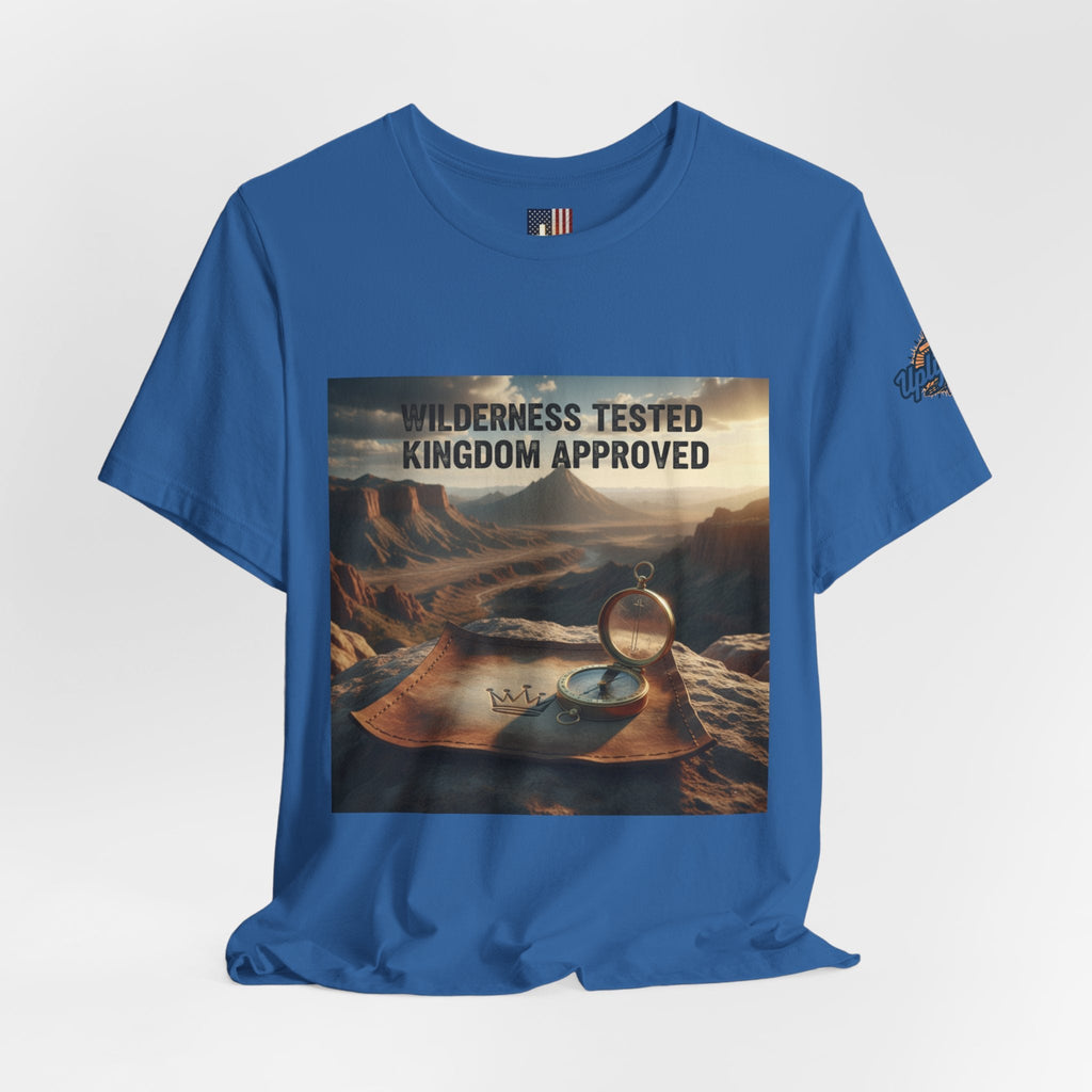 Wilderness Tested Kingdom Approved T-shirt – Mountain Desert Compass Crown Christian T-shirt for Biblical Adventure Faith Printify