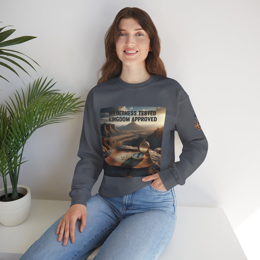 Wilderness Tested Kingdom Approved Sweatshirt – Mountain Desert Compass Crown Christian Sweatshirt for Biblical Adventure Faith Printify