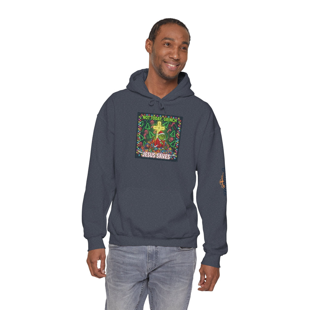 🎄 Not Today, Grinch – Jesus Saves | Funny Christian Christmas Hoodie | Festive Green & Red Cartoon Style | Bold Faith Holiday Tee by Uplifted Gear Printify