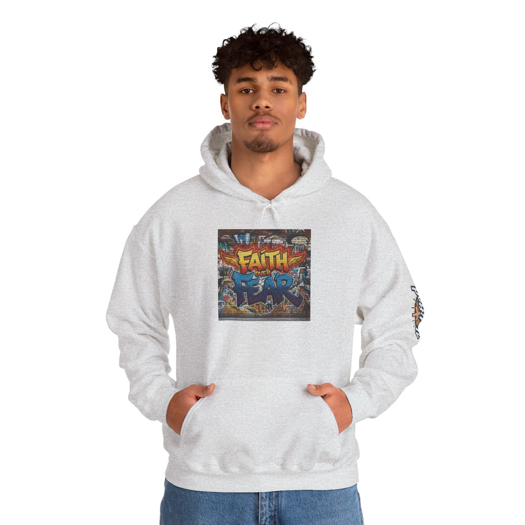 Faith Over Fear Hoodie – Graffiti Wall Christian Sweatshirt for Bold 2 Corinthians 5:7 Streetwear & Unshakable Faith Printify
