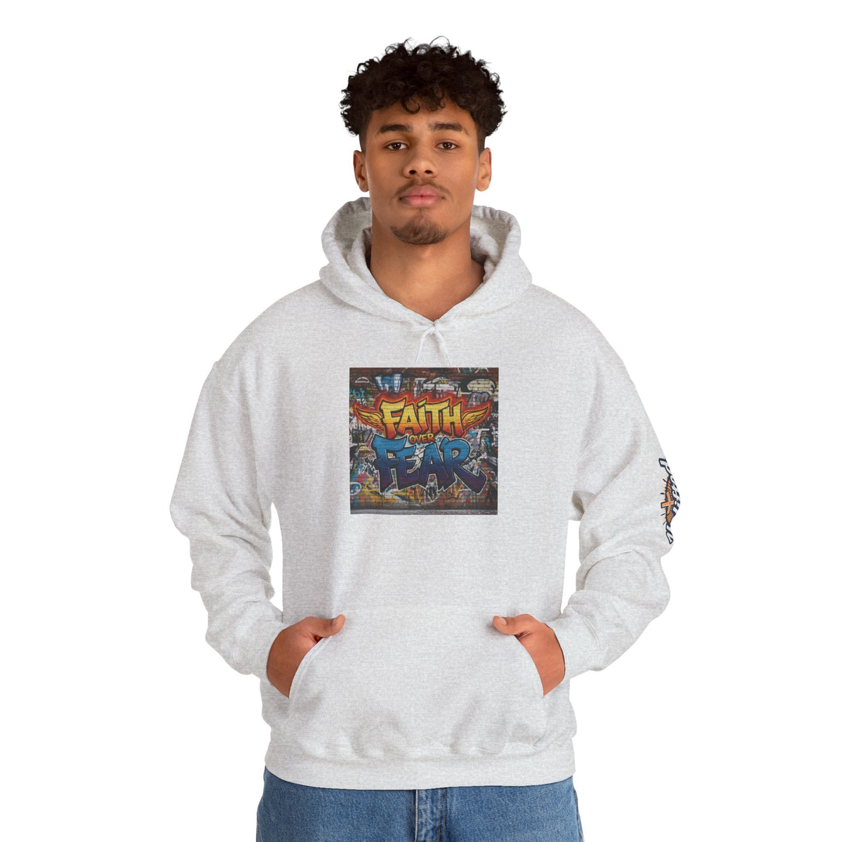 Faith Over Fear Hoodie – Graffiti Wall Christian Sweatshirt for Bold 2 Corinthians 5:7 Streetwear & Unshakable Faith Printify