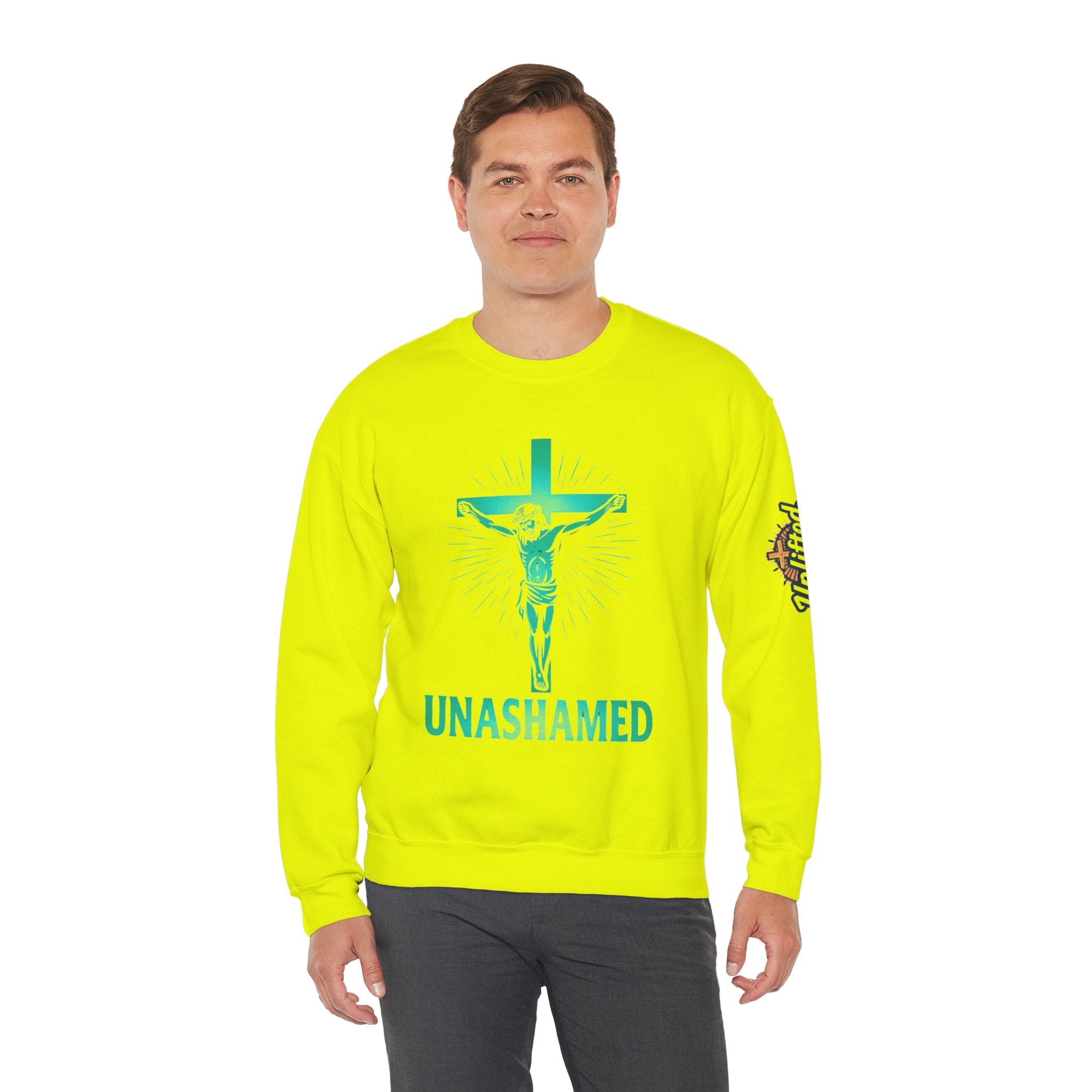 Unashamed Sweatshirt – Romans 1:16 Crucifixion Christian Sweatshirt for Bold Unwavering Faith Printify