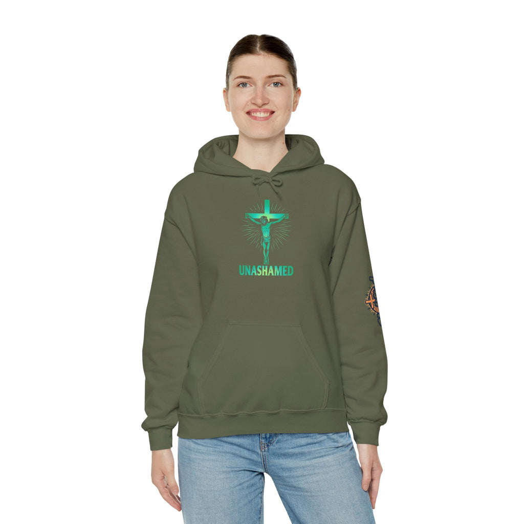 Unashamed Hoodie – Romans 1:16 Crucifixion Christian Hoodie for Bold Unwavering Faith Printify