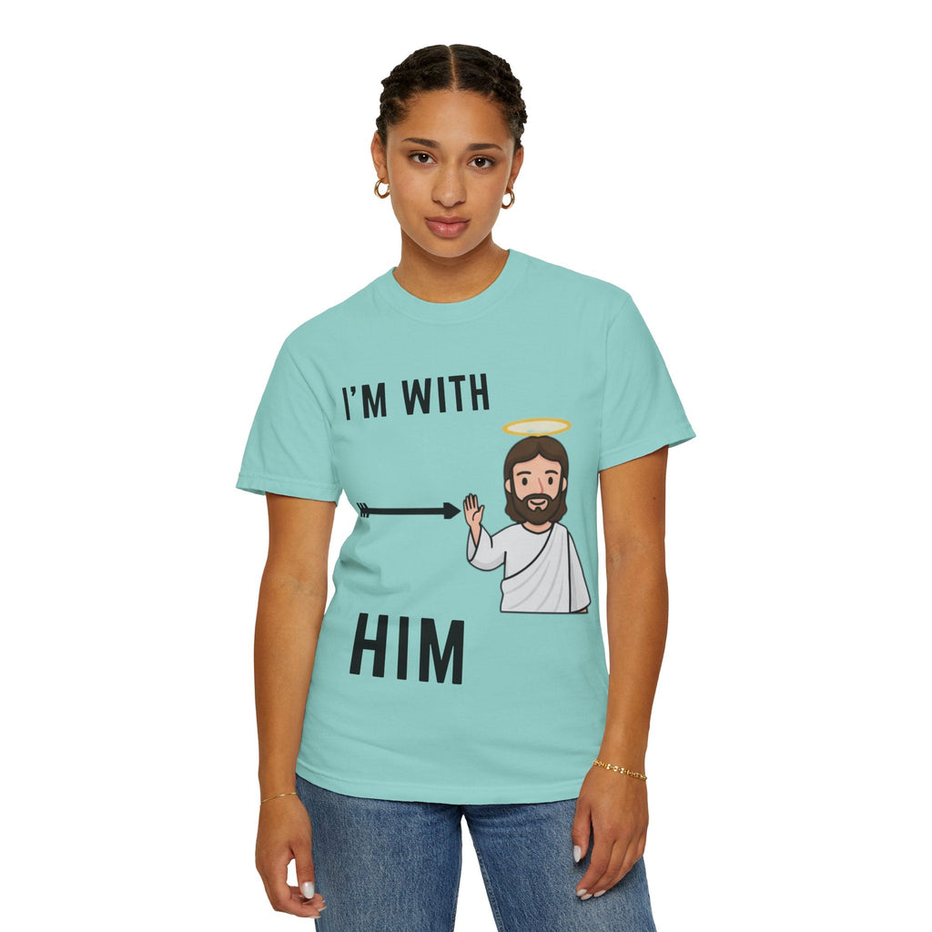 🔥 I’m With Him → Christian T-Shirt | Arrow Pointing to Jesus | Minimalist Faith Tee | Subtle Cross Design | Bible-Inspired Apparel by Uplifted Gear Printify