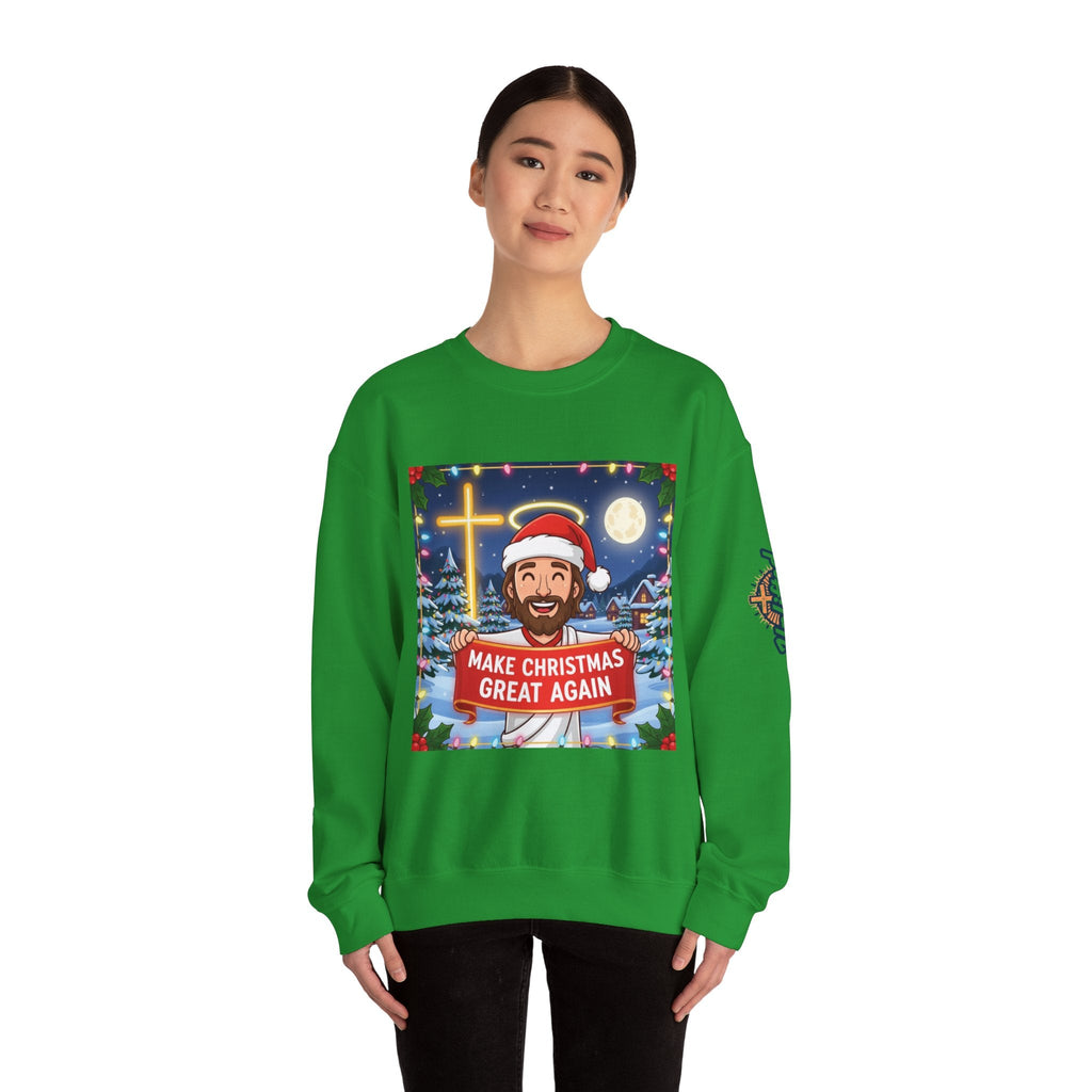 🎄 Make Christmas Great Again – Funny Christian Sweatshirt | Jesus Holding Banner | Faith-Based Holiday Parody Tee | Uplifted Gear Printify