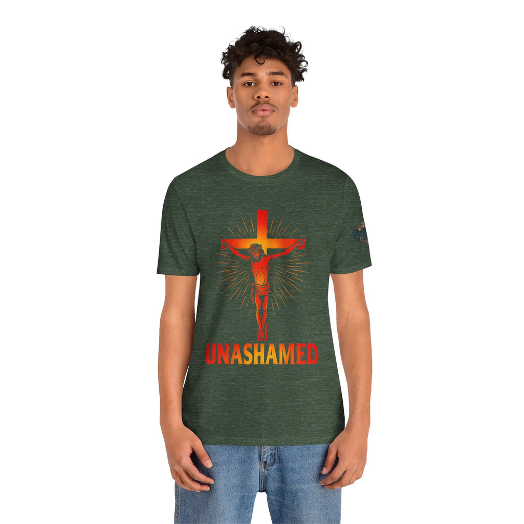 Unashamed T-shirt – Romans 1:16 Crucifixion Christian t-shirt for Bold Unwavering Faith Printify