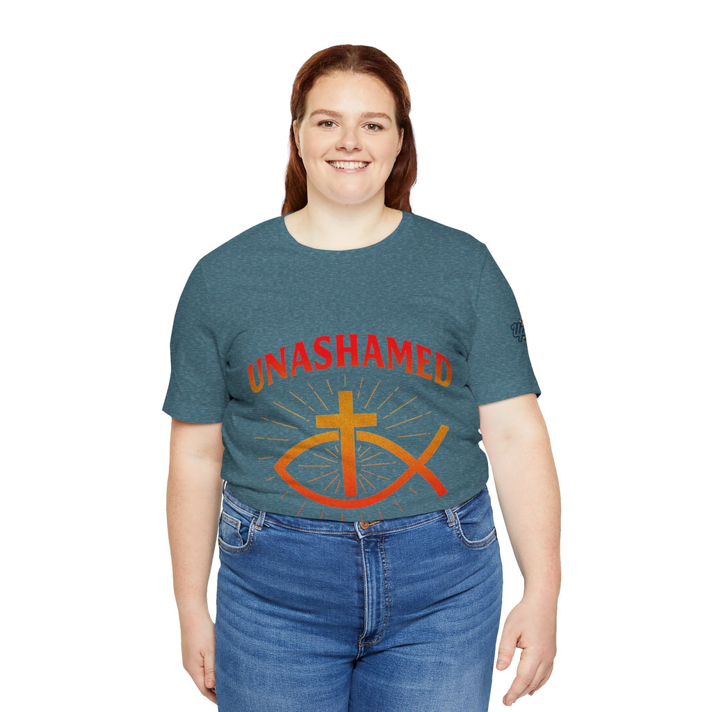 Unashamed T-shirt – Ichthys Jesus Fish & Cross Christian T-shirt for Romans 1:16 Bold Faith Printify