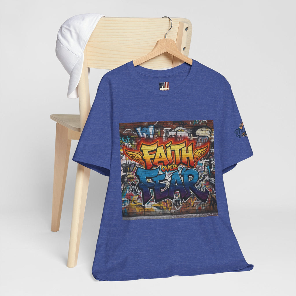 Faith Over Fear T-shirt – Graffiti Wall Christian T-shirt for Bold 2 Corinthians 5:7 Streetwear & Unshakable Faith Printify