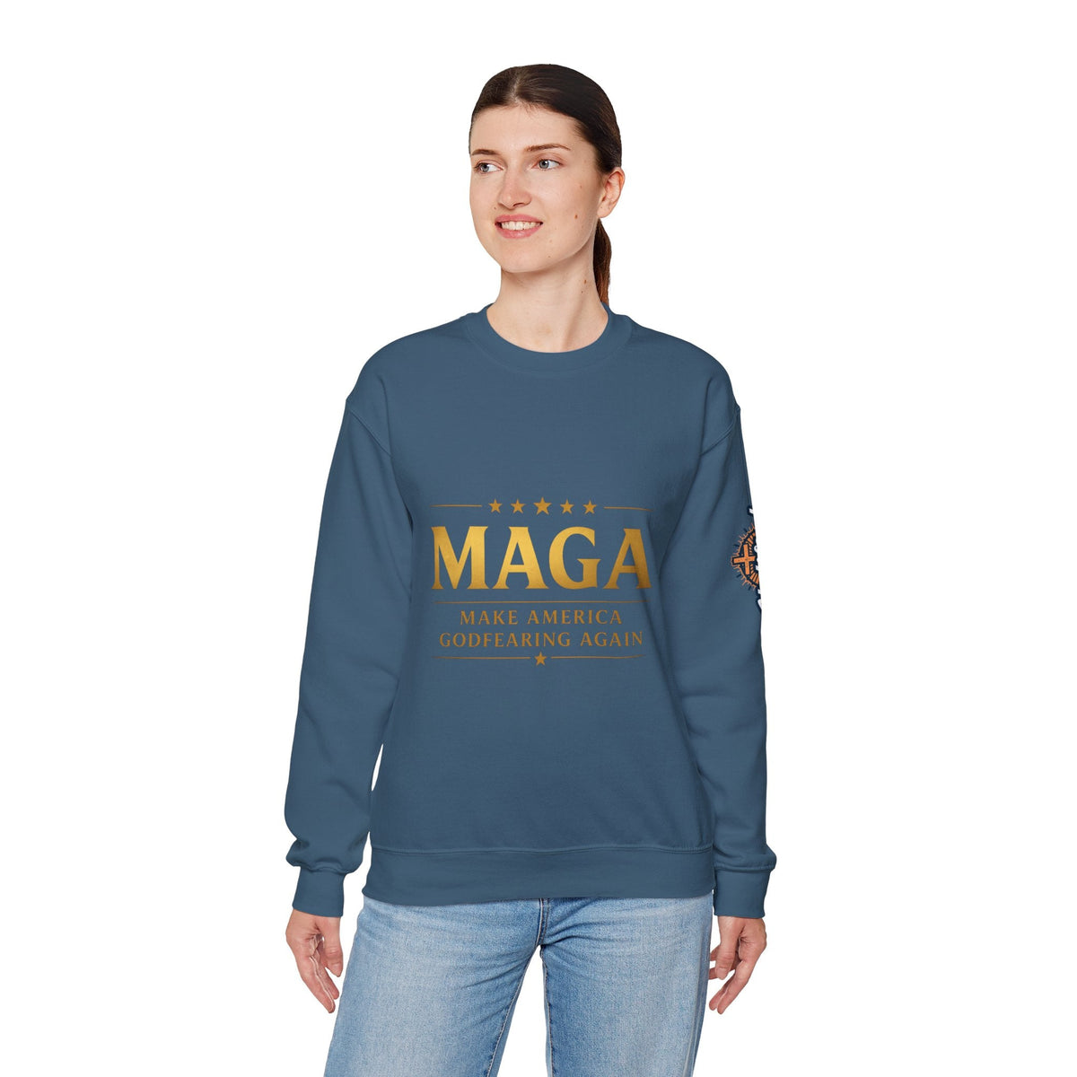 Sweatshirt — "MAGA Make America Godfearing Again" Gold Logo Crewneck Printify