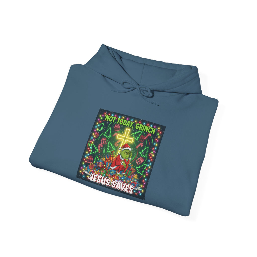 🎄 Not Today, Grinch – Jesus Saves | Funny Christian Christmas Hoodie | Festive Green & Red Cartoon Style | Bold Faith Holiday Tee by Uplifted Gear Printify
