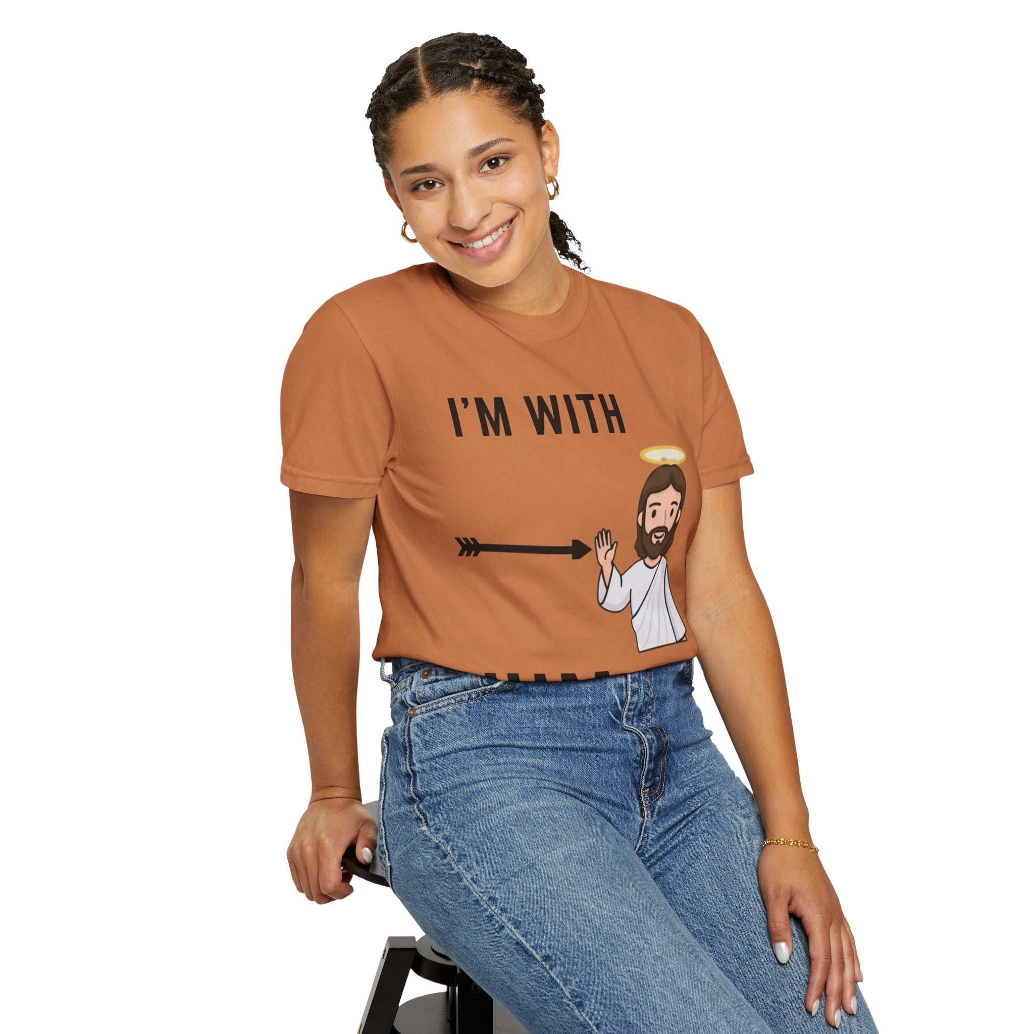 🔥 I’m With Him → Christian T-Shirt | Arrow Pointing to Jesus | Minimalist Faith Tee | Subtle Cross Design | Bible-Inspired Apparel by Uplifted Gear Printify