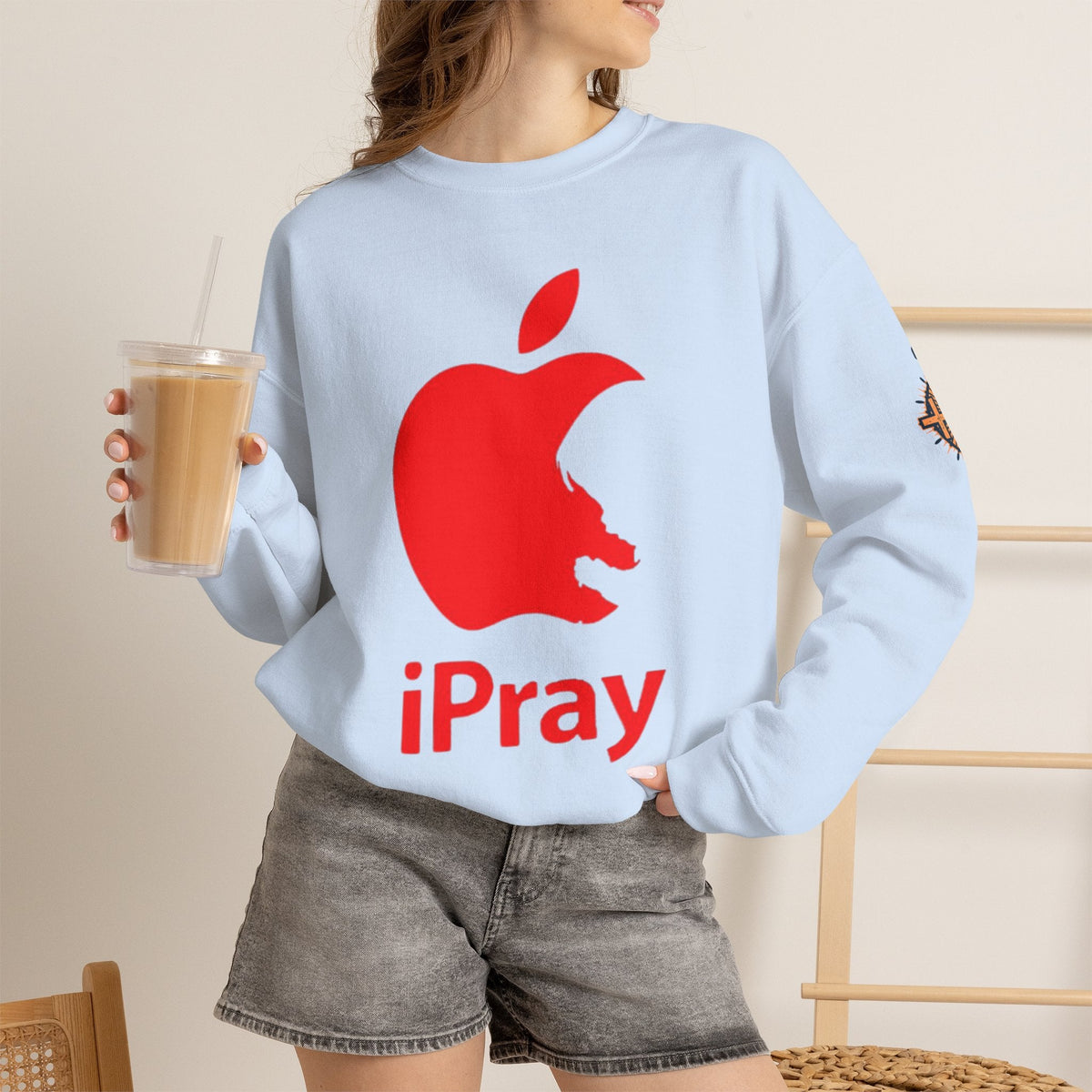 iPray Apple Logo Sweatshirt — Funny Christian Sweatshirt (Minimal Red Apple Graphic) Printify