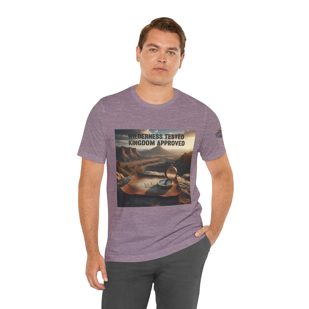 Wilderness Tested Kingdom Approved T-shirt – Mountain Desert Compass Crown Christian T-shirt for Biblical Adventure Faith Printify