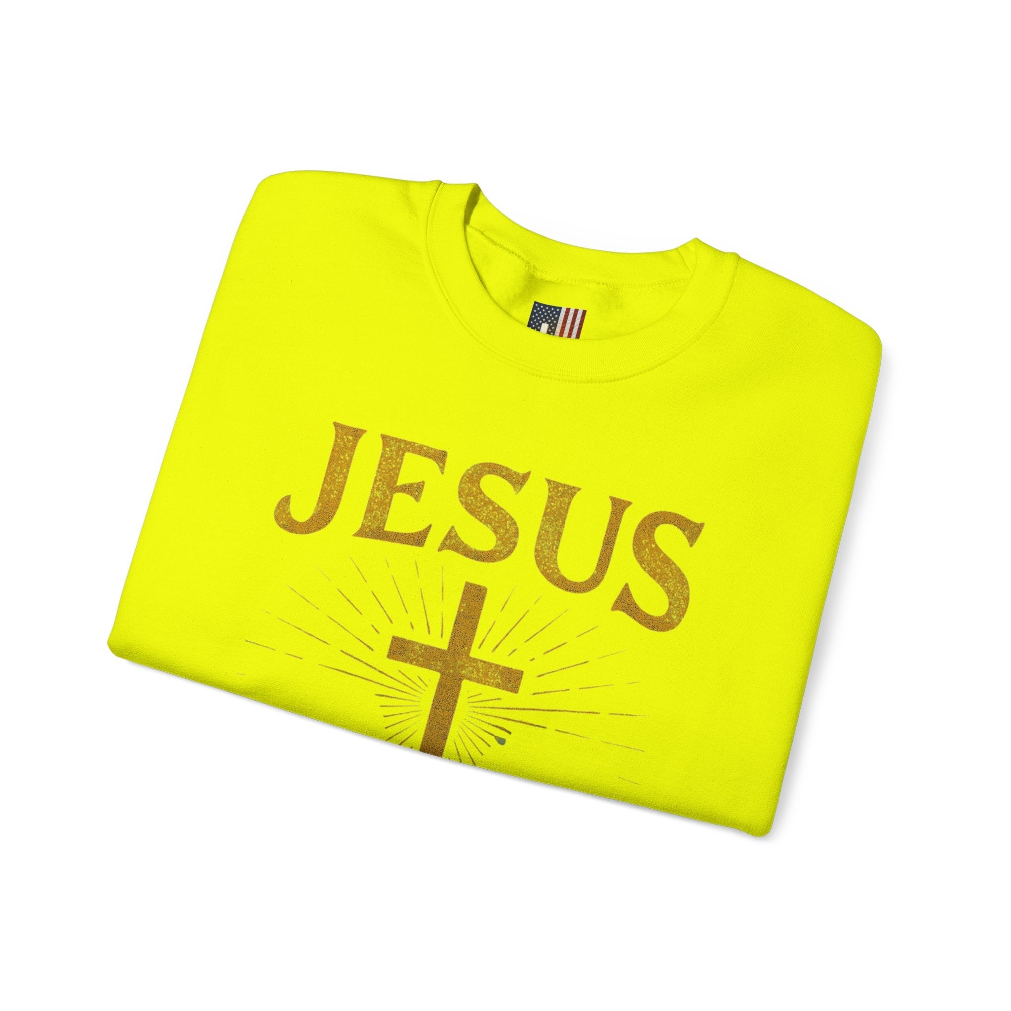 Jesus Saves Sweatshirt – Radiant Cross & Rays of Light Christian Sweatshirt for Eternal Hope & Faith Printify