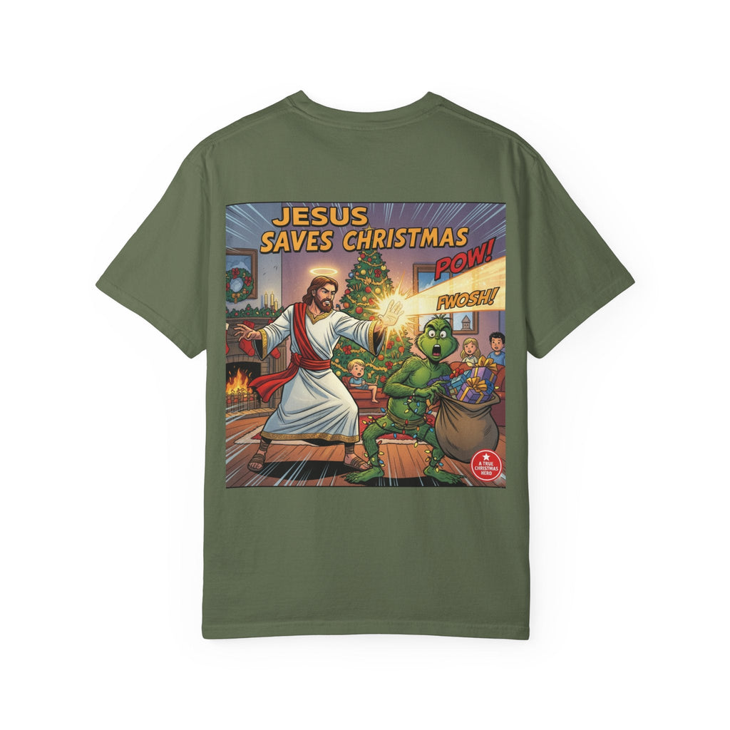 Jesus Saves Christmas T-shirt – Grinch vs Savior Light Battle Christian T-shirt for Hilarious Holiday Faith & True Joy Printify