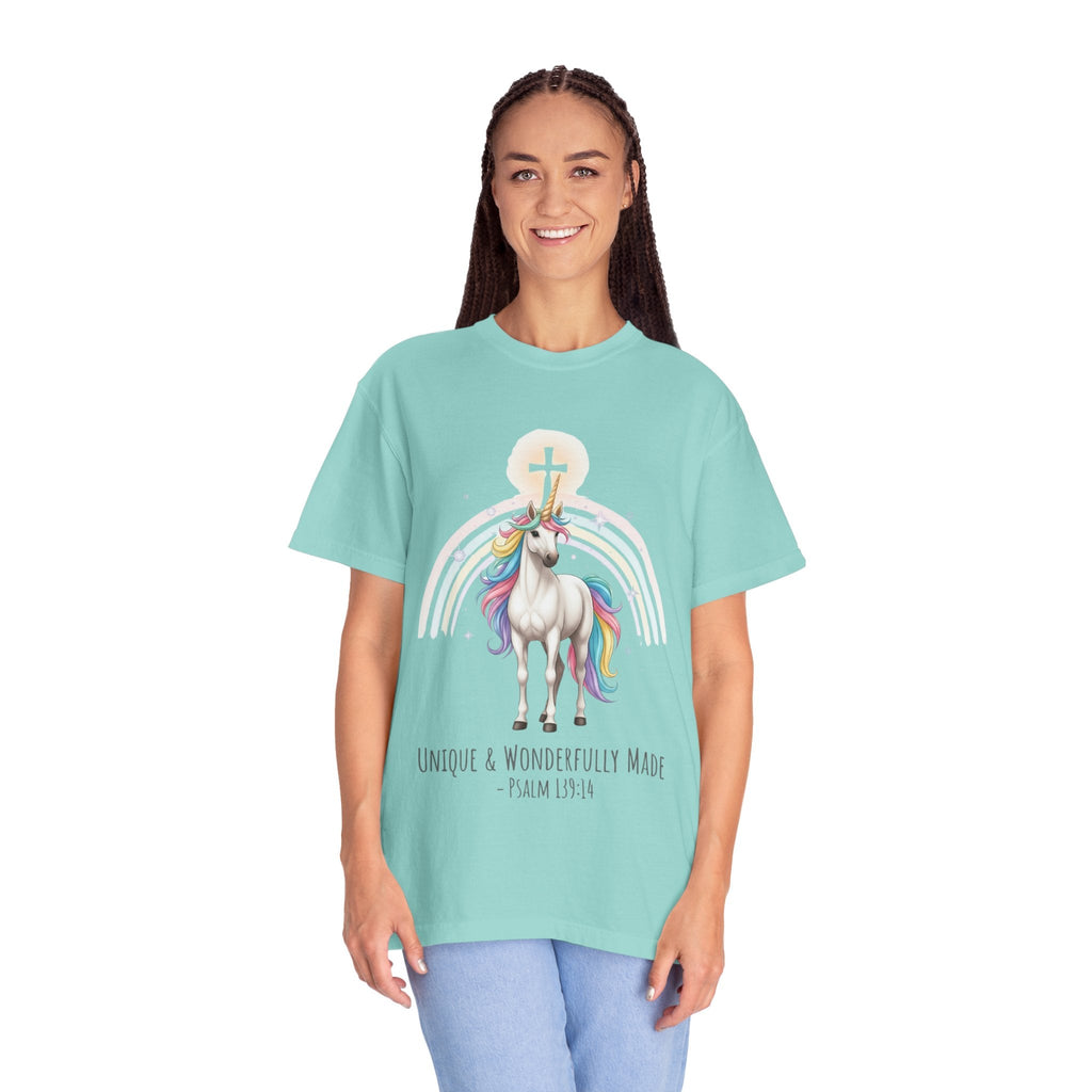 Unique Unicorn Christian T-Shirt – Wonderfully Made with Rainbow Cross & Psalm 139:14 Printify