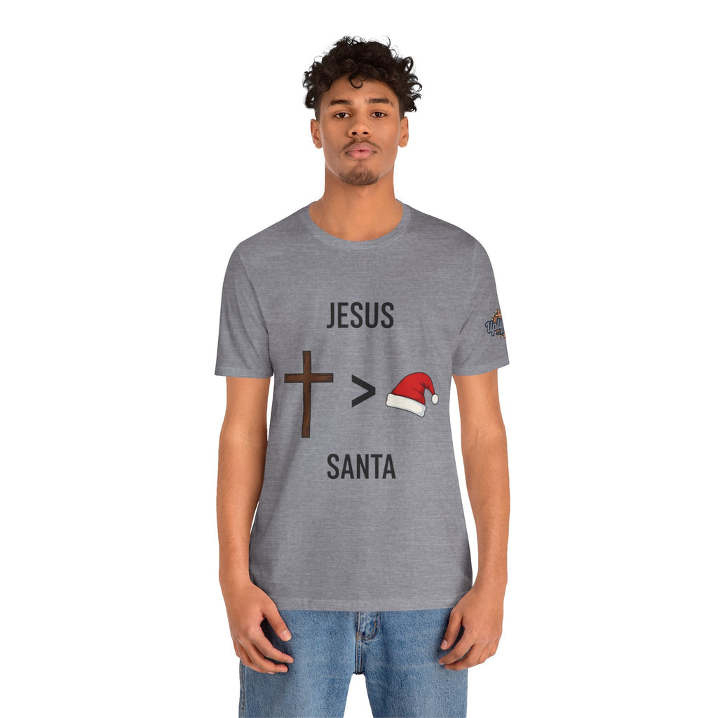 🎄 Jesus > Santa – Minimalist Christian Christmas T-Shirt | Bold Faith Over Holiday Tee | Cross vs Santa Hat Design | Uplifted Gear Printify