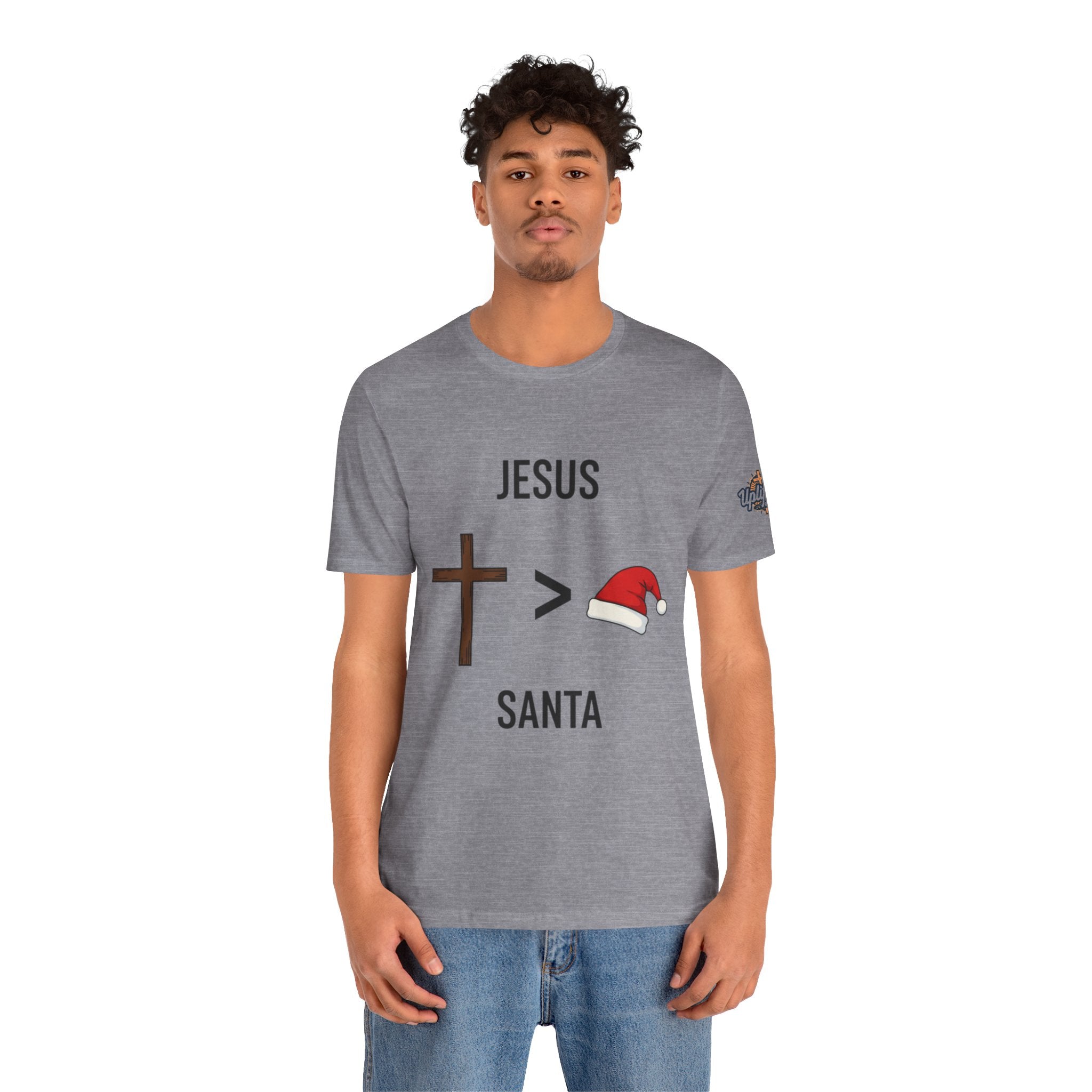 🎄 Jesus > Santa – Minimalist Christian Christmas T-Shirt | Bold Faith Over Holiday Tee | Cross vs Santa Hat Design | Uplifted Gear Printify