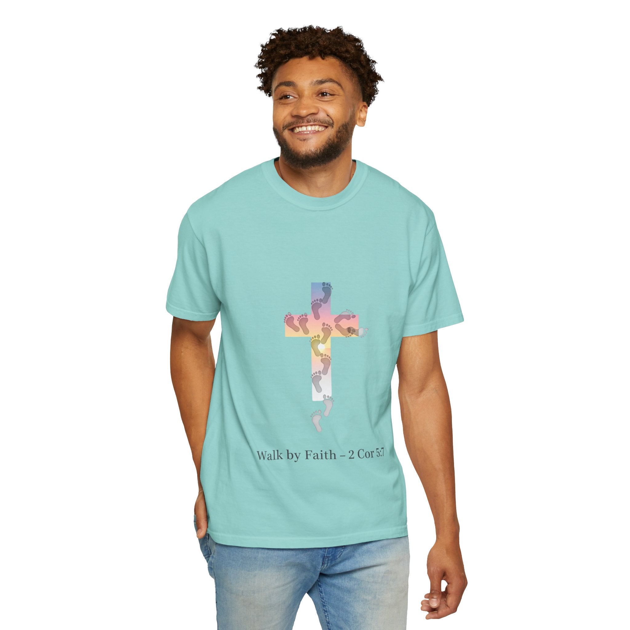 Walk by Faith T-Shirt – Cross & Footprints Christian Tee for Bold Believers Printify
