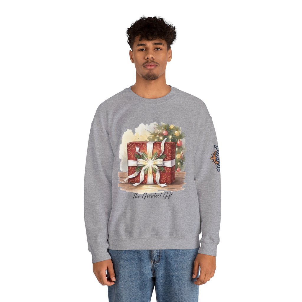 The Greatest Gift Sweatshirt – Cross Bow Present Christian Sweatshirt for Christmas Salvation & Eternal Faith Printify