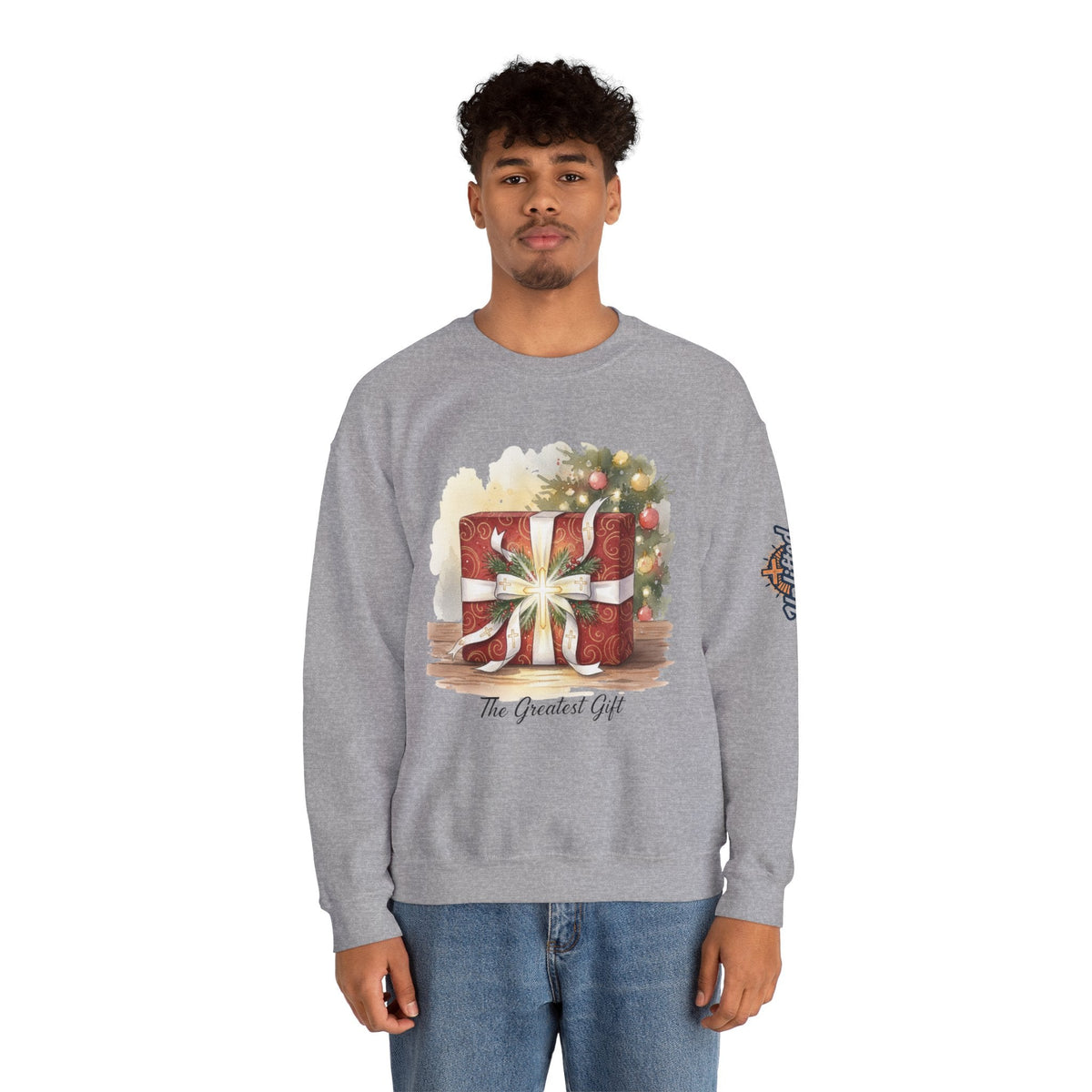 The Greatest Gift Sweatshirt – Cross Bow Present Christian Sweatshirt for Christmas Salvation & Eternal Faith Printify