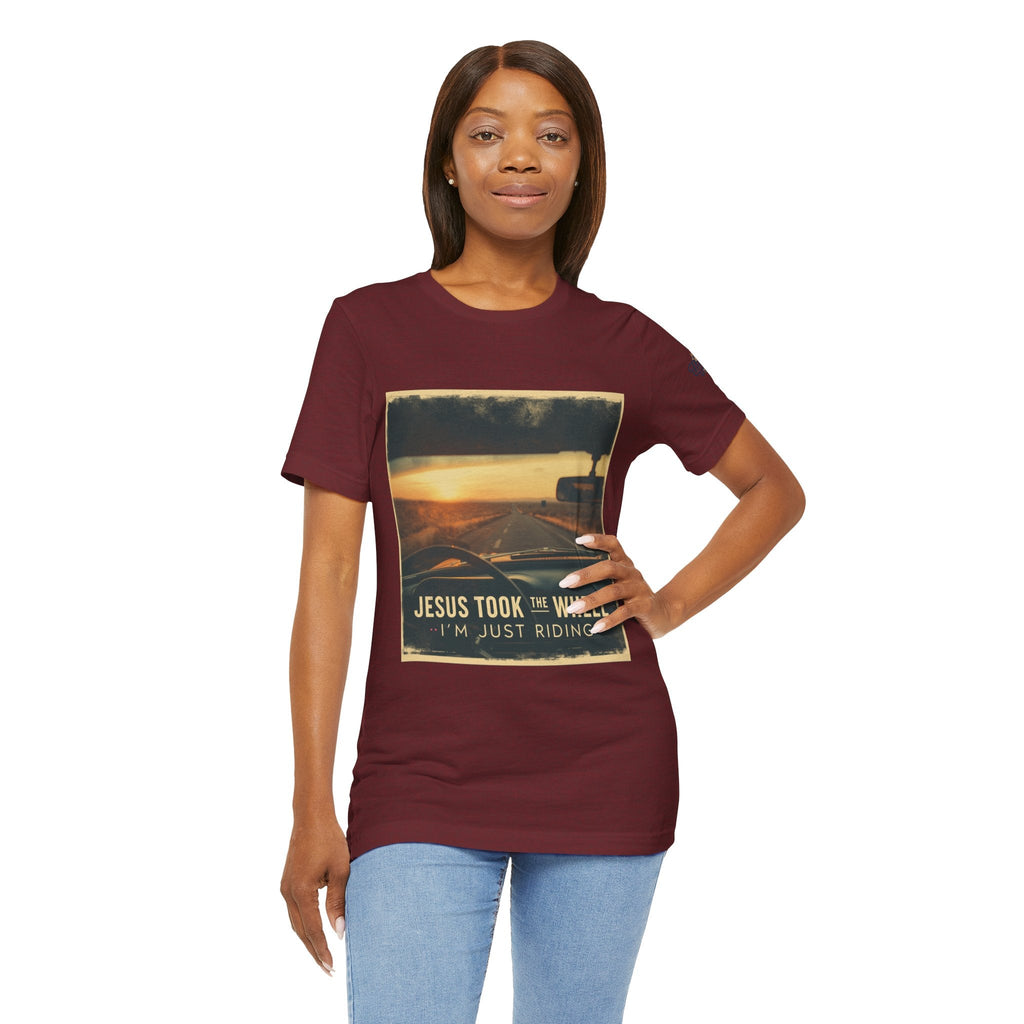 Jesus Took the Wheel I'm Just Riding T-shirt – Funny Christian Convertible Car T-shirt for Surrendered Faith & Humor Printify