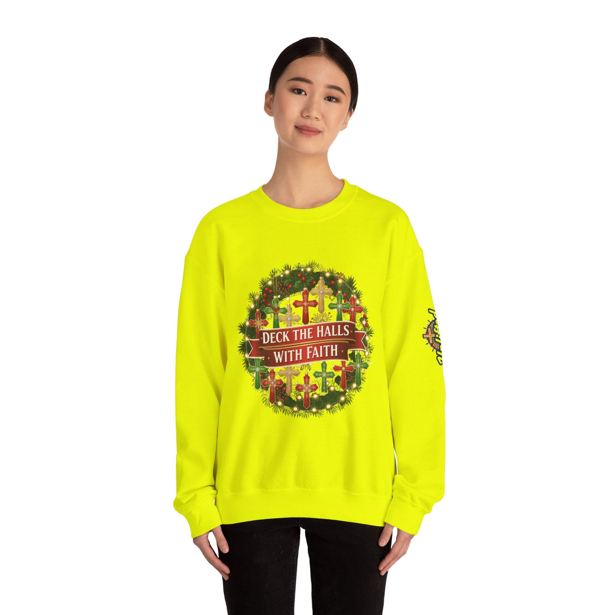 🎄 Deck the Halls with Faith – Christian Christmas Sweatshirt | Cross Ornament Design & Festive Garland | Bold Holiday Faith Tee by Uplifted Gear Printify