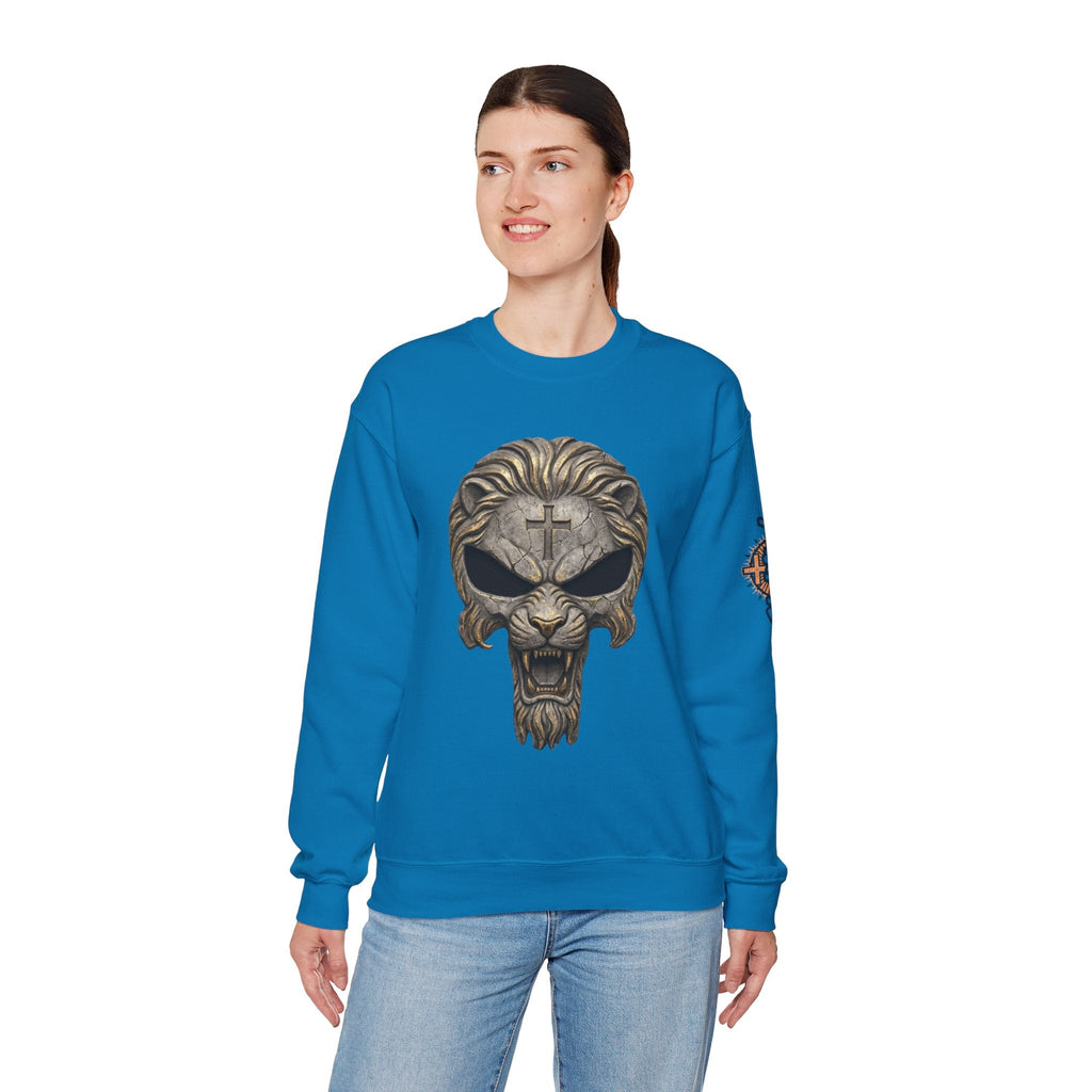 Lion of Judah Skull Christian Sweatshirt - Warrior Faith Cross Sweatshirt Printify