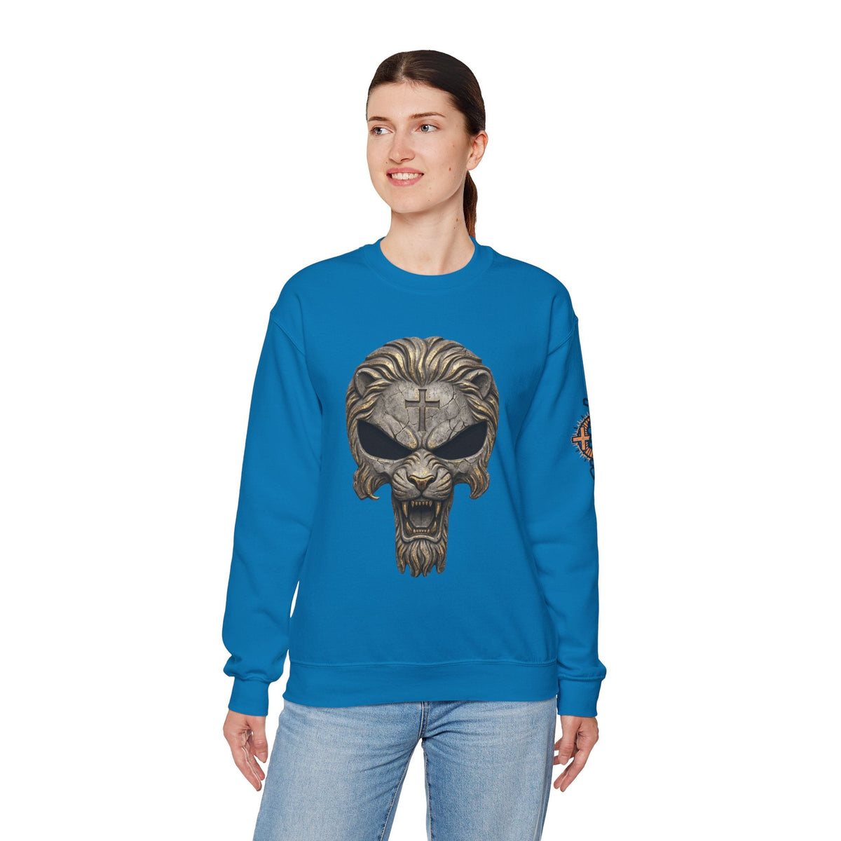 Lion of Judah Skull Christian Sweatshirt - Warrior Faith Cross Sweatshirt Printify