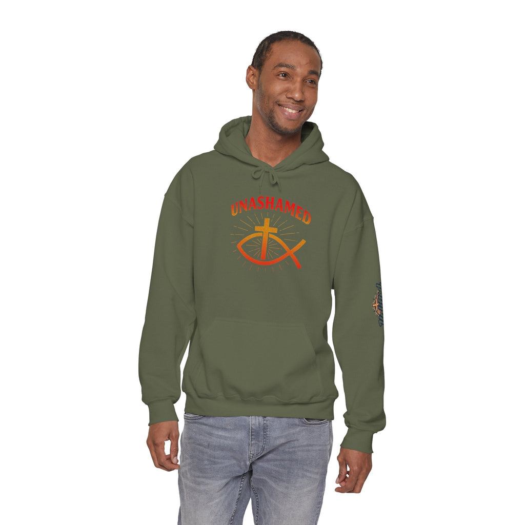 Unashamed Hoodie – Ichthys Jesus Fish & Cross Christian Sweatshirt for Romans 1:16 Bold Faith Printify