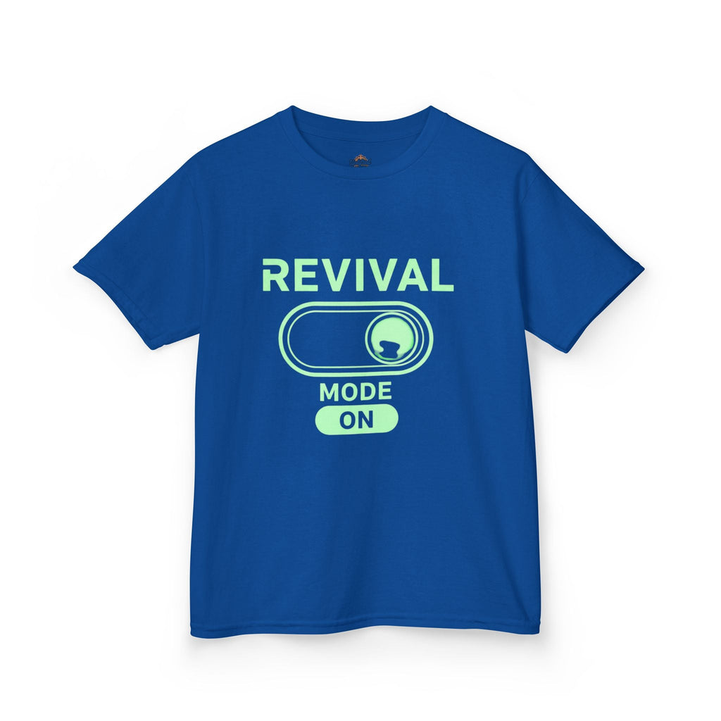 🔥 Revival Mode: ON – Christian Techwear Kids T-Shirt | Glowing Green Faith Switch | Futuristic Jesus Shirt | Activate Your Spiritual Awakening | Uplifted Gear Printify