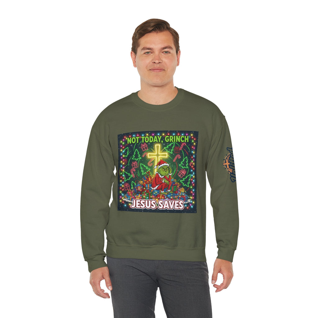 🎄 Not Today, Grinch – Jesus Saves | Funny Christian Christmas Sweatshirt | Festive Green & Red Cartoon Style | Bold Faith Holiday Tee by Uplifted Gear Printify