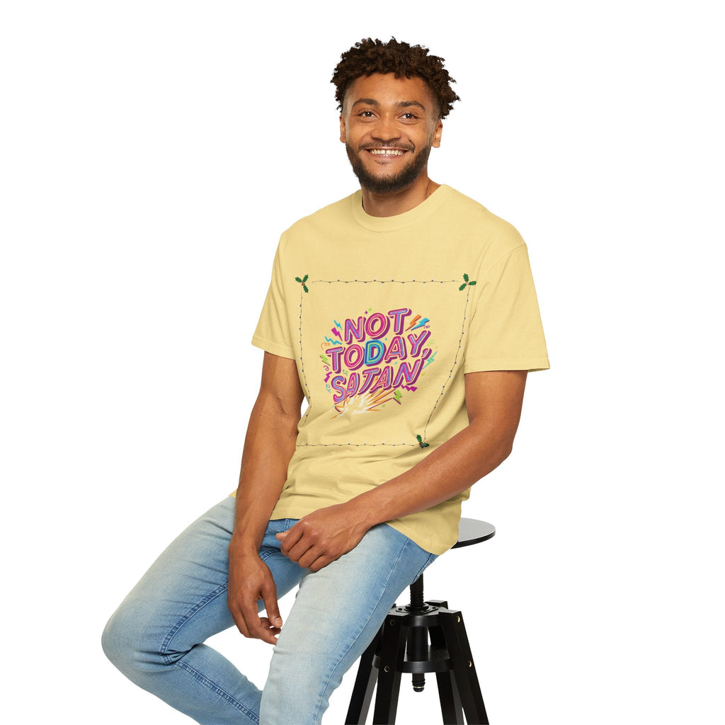 🔥 Not Today, Satan – Retro 90s Christian T-Shirt | Neon Faith Tee | Funky Cartoon Devil | Bold Bible Verse Shirt | Uplifted Gear Printify
