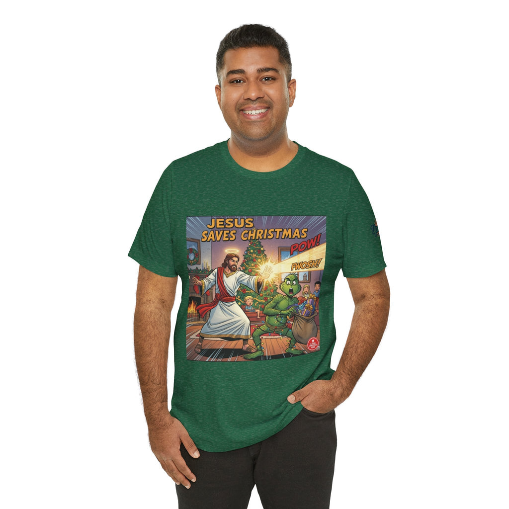 Jesus Saves Christmas T-shirt – Grinch vs Savior Light Battle Christian T-shirt for Hilarious Holiday Faith & True Joy Printify