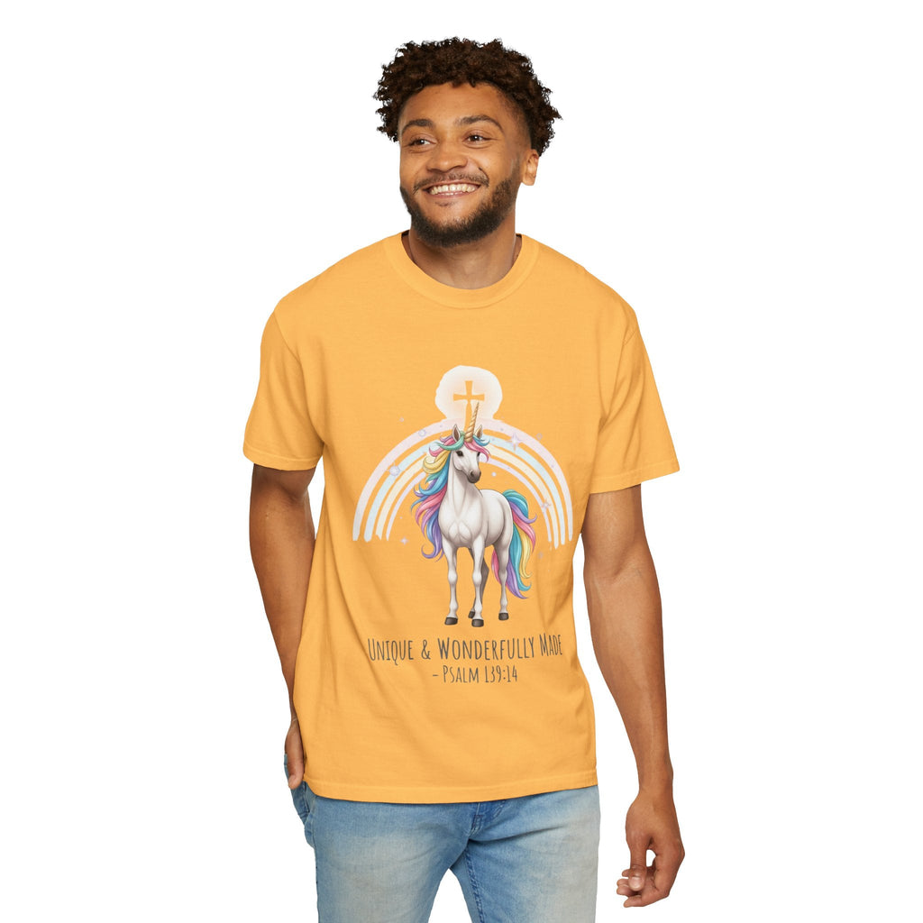 Unique Unicorn Christian T-Shirt – Wonderfully Made with Rainbow Cross & Psalm 139:14 Printify