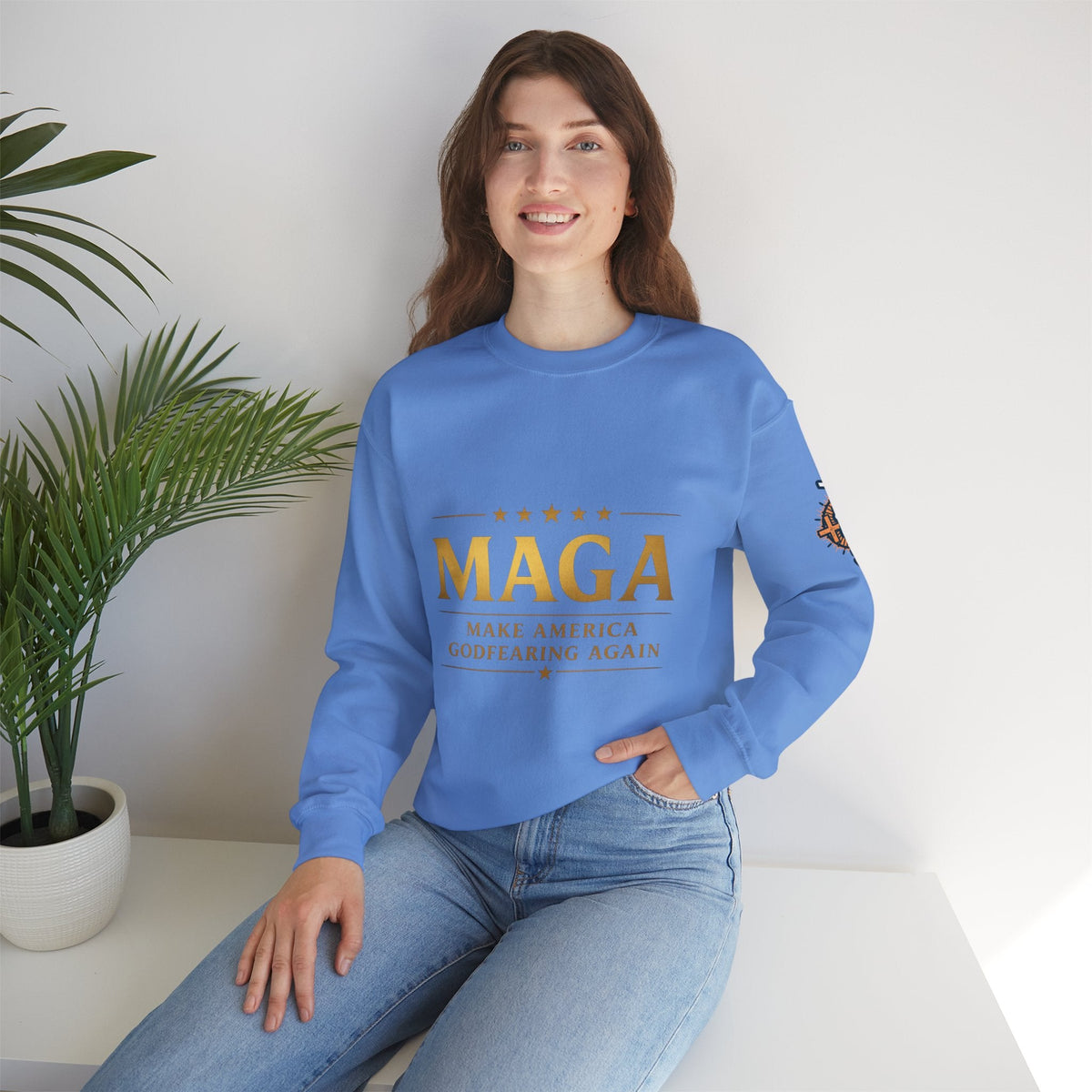 Sweatshirt — "MAGA Make America Godfearing Again" Gold Logo Crewneck Printify